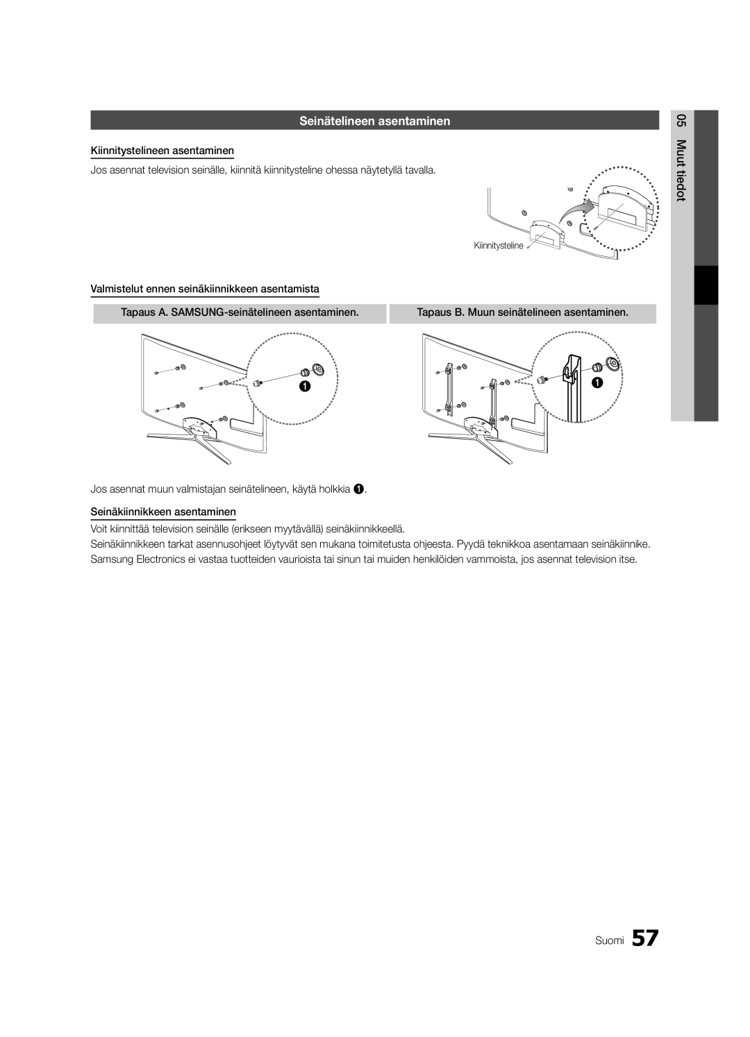 Samsung UE40C7700WSXZF manual Seinätelineen asentaminen, Kiinnitysteline, Tapaus B. Muun seinätelineen asentaminen 