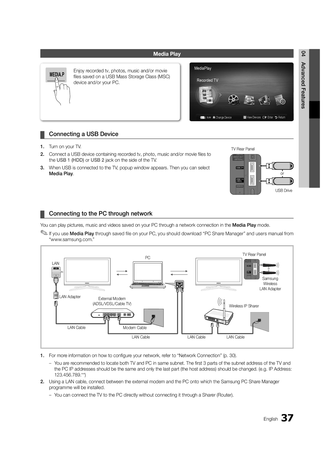 Samsung UE40C7700WZXZG Connecting a USB Device, Connecting to the PC through network, Media Play, Device and/or your PC 