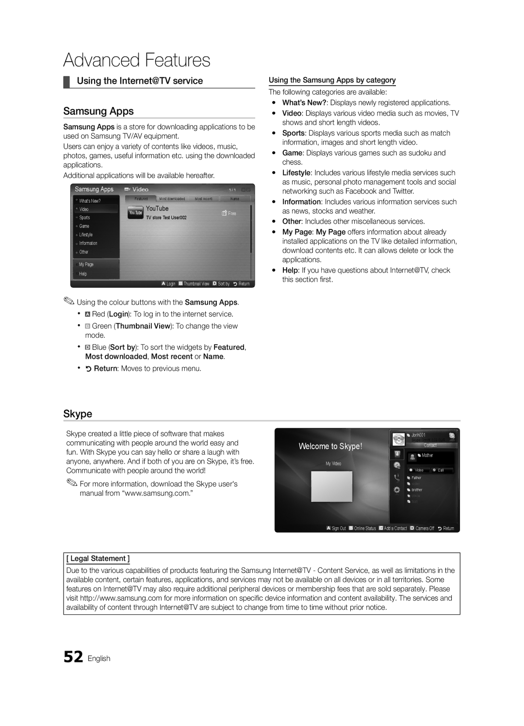 Samsung UE55C7700WZXZG manual Samsung Apps, Skype, Using the Internet@TV service, Xx RReturn Moves to previous menu 