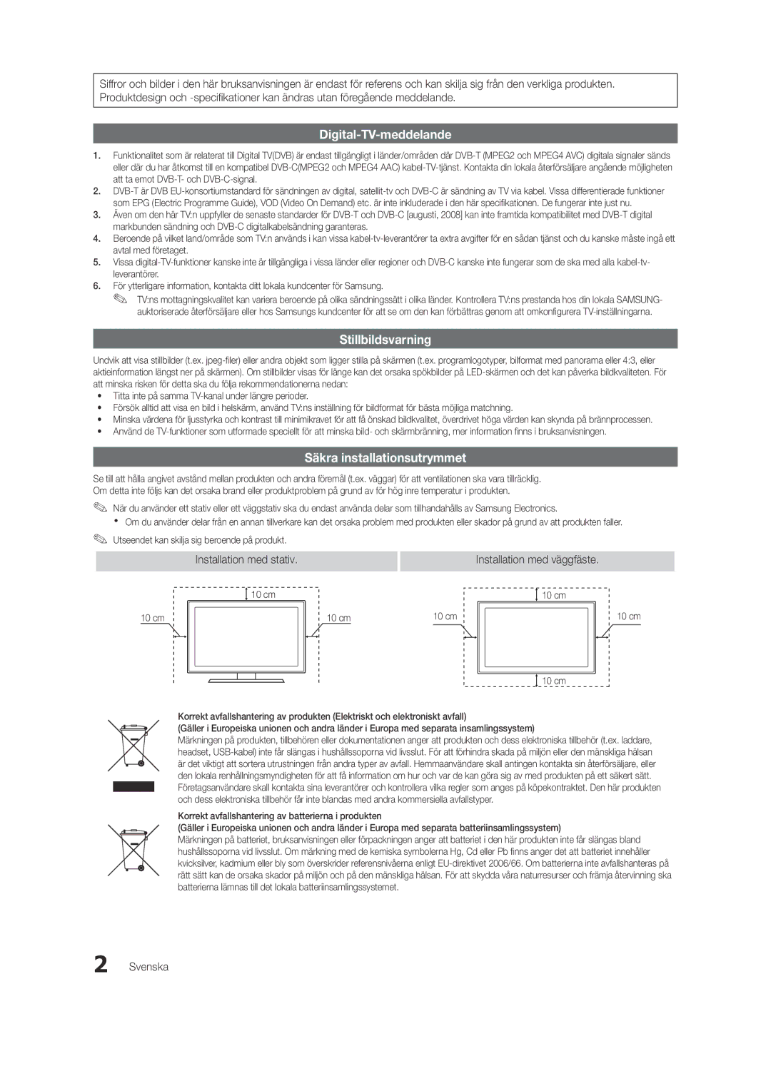 Samsung UE55C7705WSXXE, UE55C7700WSXXN, UE55C7700WZXZG manual Installation med stativ Installation med väggfäste, Svenska 