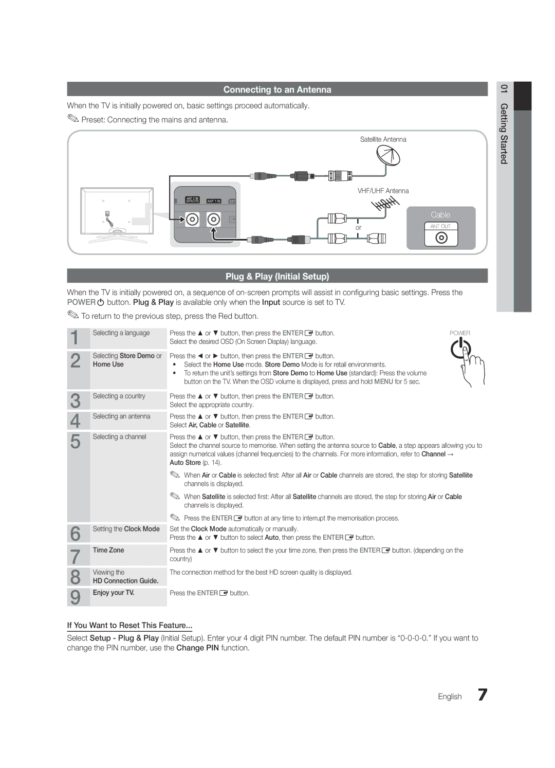 Samsung UE40C7700WSXZF, UE55C7700WSXXN, UE55C7700WZXZG, UE40C7700WSXXN Connecting to an Antenna, Plug & Play Initial Setup 