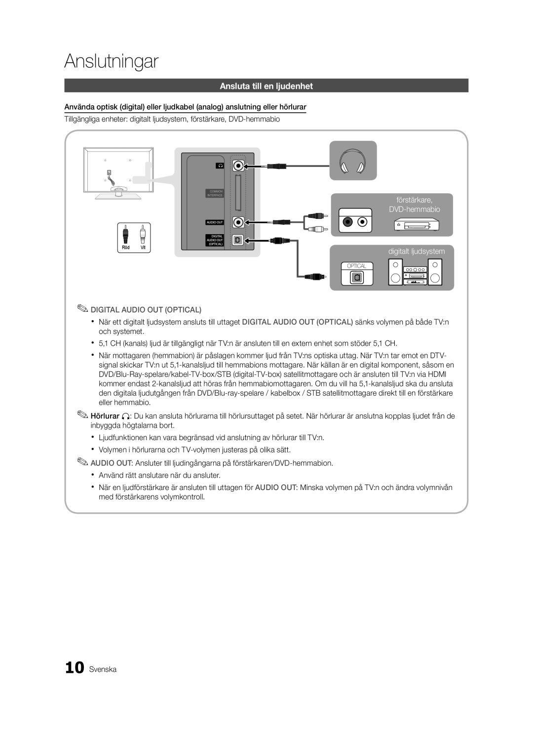 Samsung UE55C7700WSXZF, UE55C7700WSXXN manual Ansluta till en ljudenhet, Förstärkare DVD-hemmabio Digitalt ljudsystem 