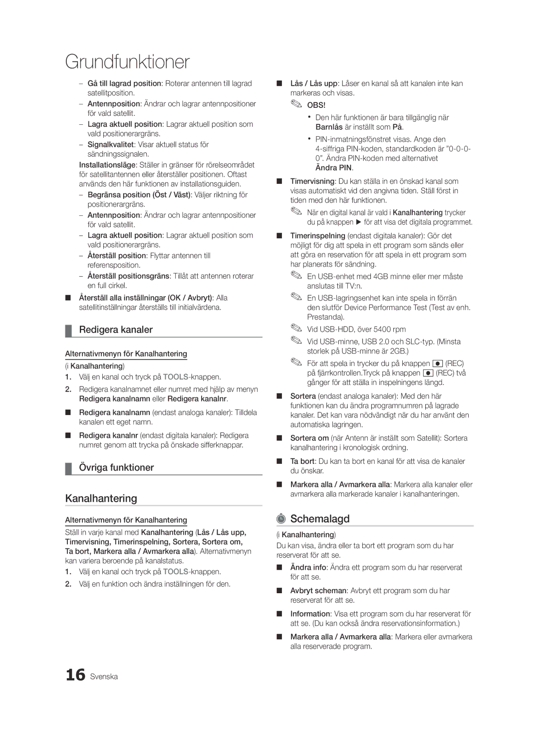 Samsung UE55C7000WWXXH, UE55C7700WSXXN Schemalagd, Redigera kanaler, Övriga funktioner, Alternativmenyn för Kanalhantering 