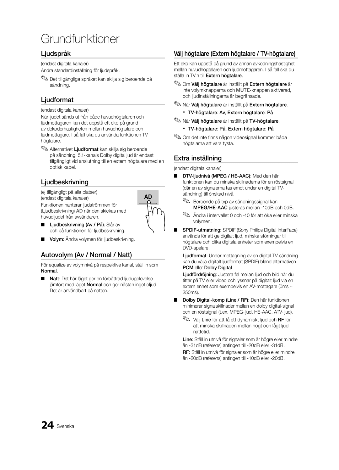 Samsung UE40C7700WZXZG manual Ljudspråk, Ljudformat, Ljudbeskrivning, Autovolym Av / Normal / Natt, Extra inställning 