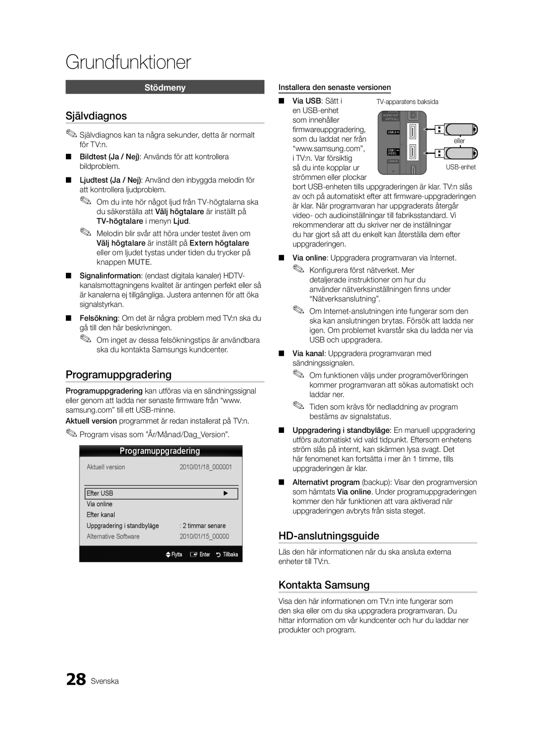 Samsung UE40C7700WSXZF, UE55C7700WSXXN manual Självdiagnos, Programuppgradering, HD-anslutningsguide, Kontakta Samsung 