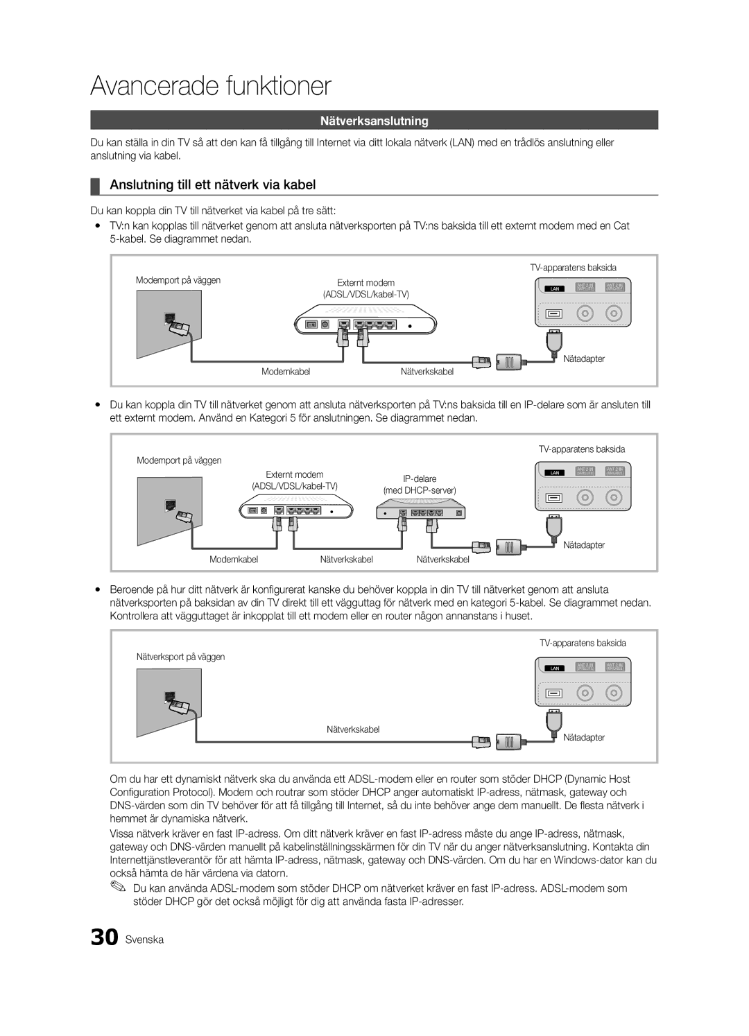 Samsung UE40C7000WWXXC, UE55C7700WSXXN manual Anslutning till ett nätverk via kabel, Nätverksanslutning, Modemport på väggen 