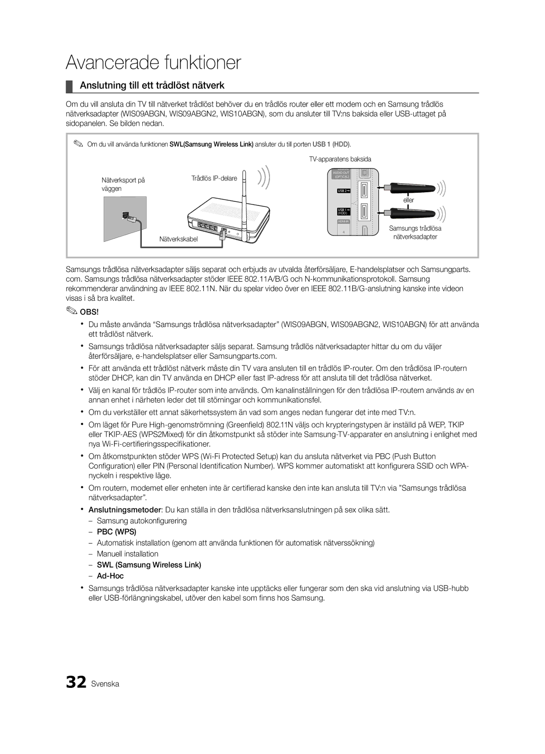 Samsung UE40C7000WWXXH, UE55C7700WSXXN, UE55C7700WZXZG, UE40C7700WSXXN, UE40C7700WZXZG Anslutning till ett trådlöst nätverk 