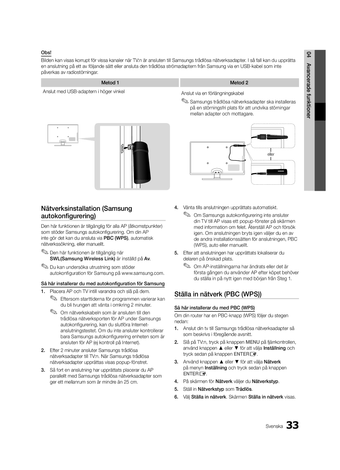 Samsung UE55C7000WWXXH manual Ställa in nätverk PBC WPS, Mellan adapter och mottagare, Så här installerar du med PBC WPS 