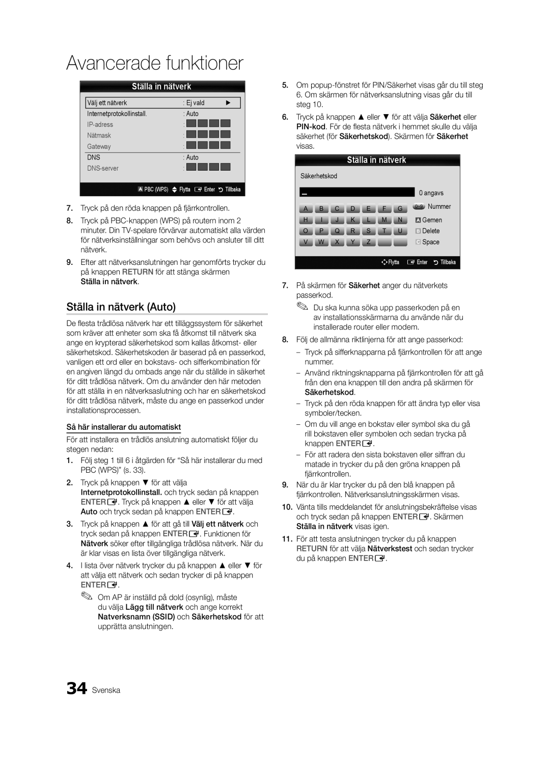 Samsung UE40C7000WKXXU, UE55C7700WSXXN, UE55C7700WZXZG, UE40C7700WSXXN manual Ställa in nätverk, Säkerhetskod Angavs ~9 Nummer 