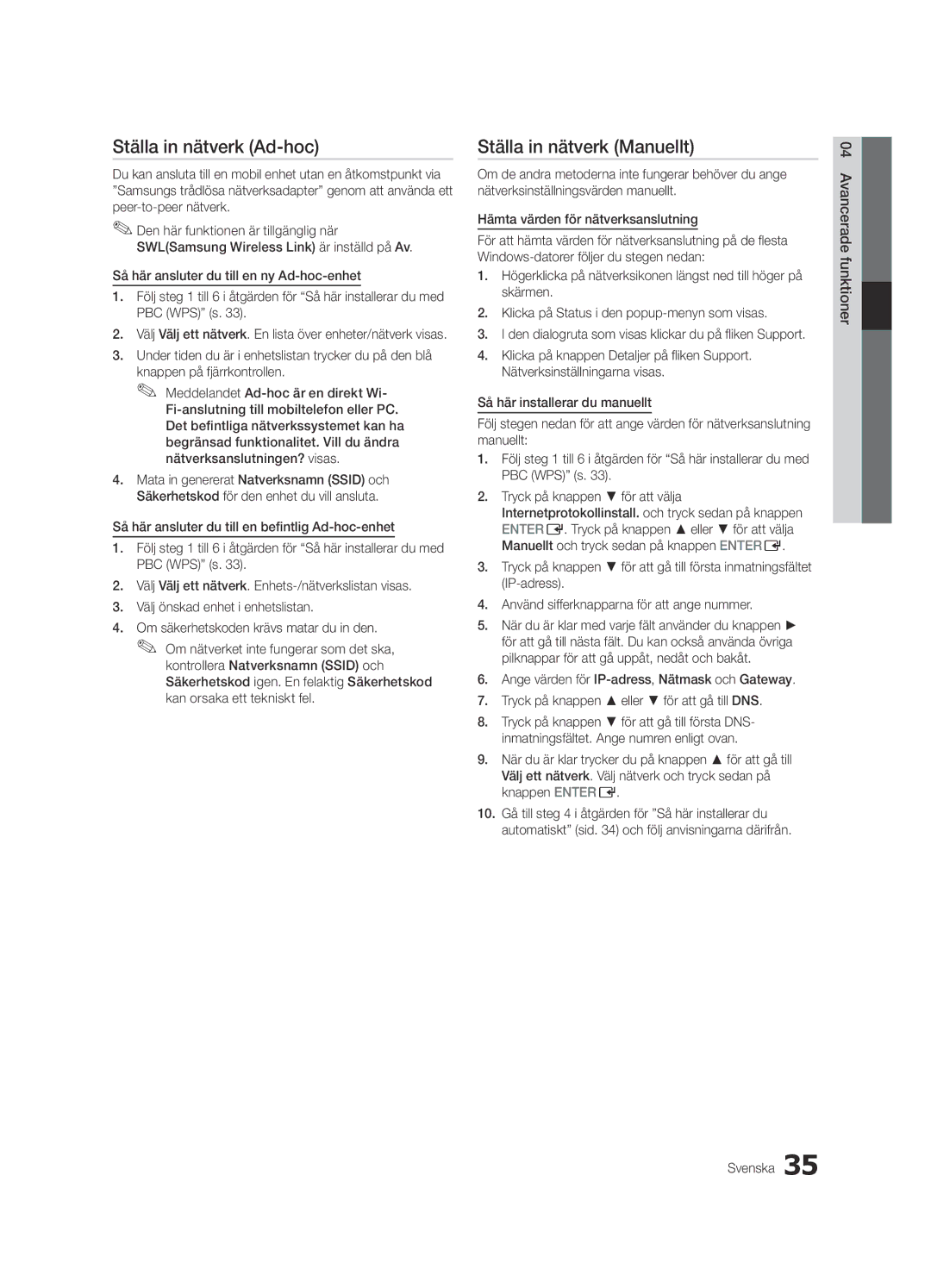 Samsung UE46C7705WSXXE, UE55C7700WSXXN, UE55C7700WZXZG manual Ställa in nätverk Ad-hoc, Funktioner04 Avancerade Svenska 