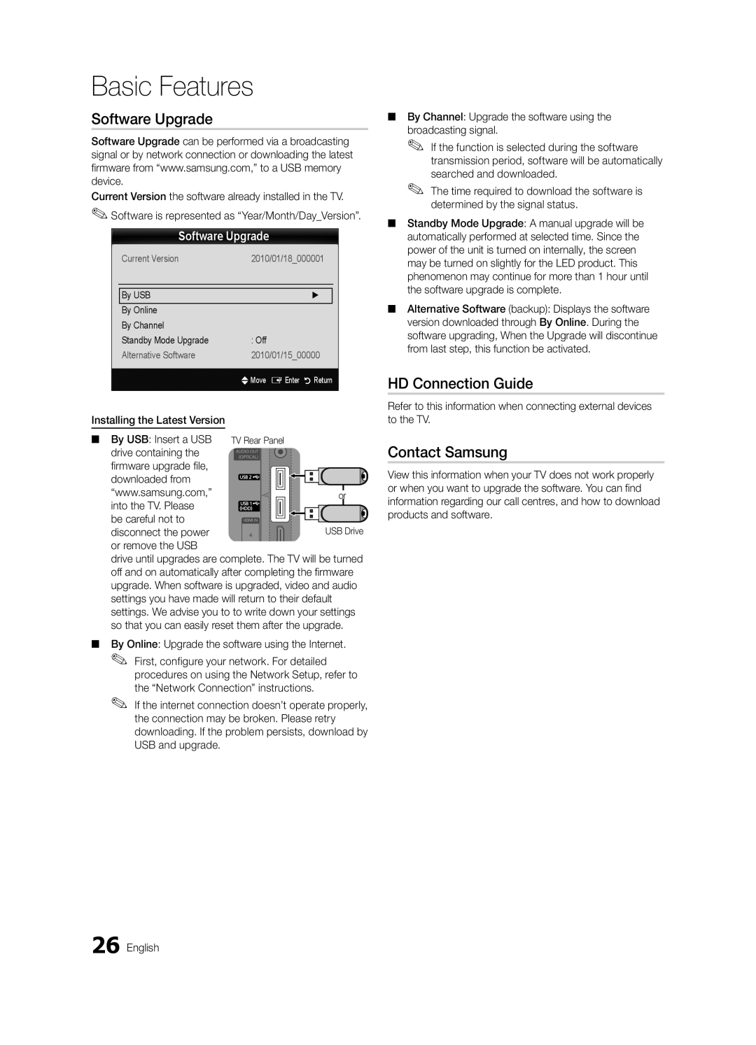 Samsung UE46C8000XKXXU, UE55C8000XKXXU, UE40C8000XKXXU manual Software Upgrade, HD Connection Guide, Contact Samsung 