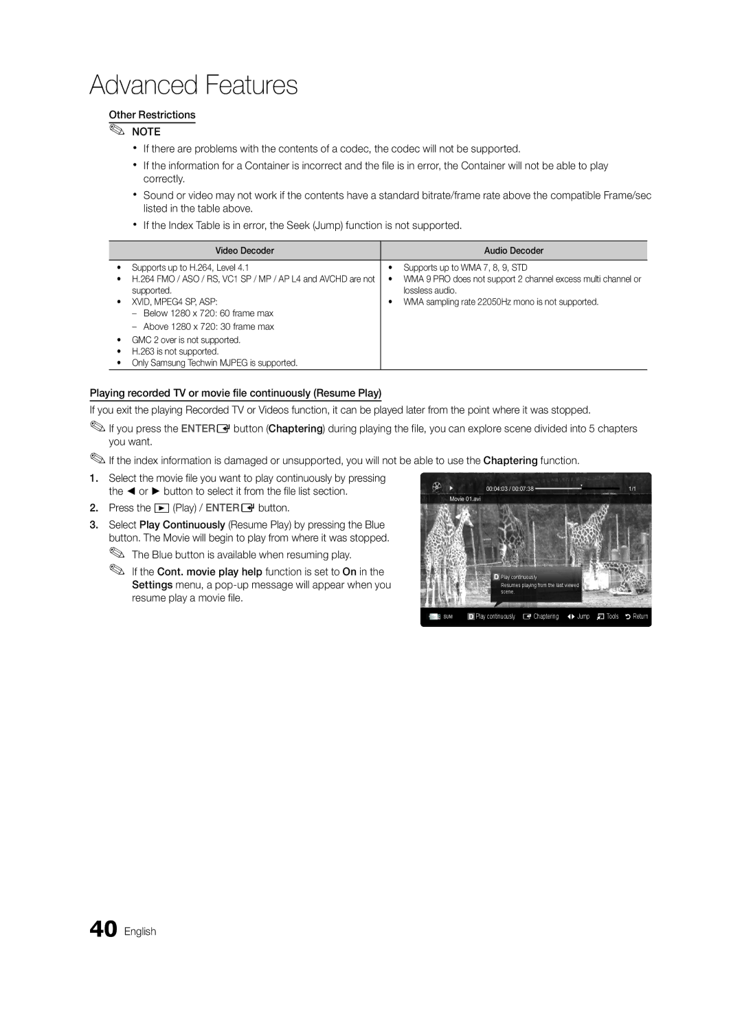 Samsung UE40C8000XKXXU, UE55C8000XKXXU manual Supported Lossless audio, WMA sampling rate 22050Hz mono is not supported 