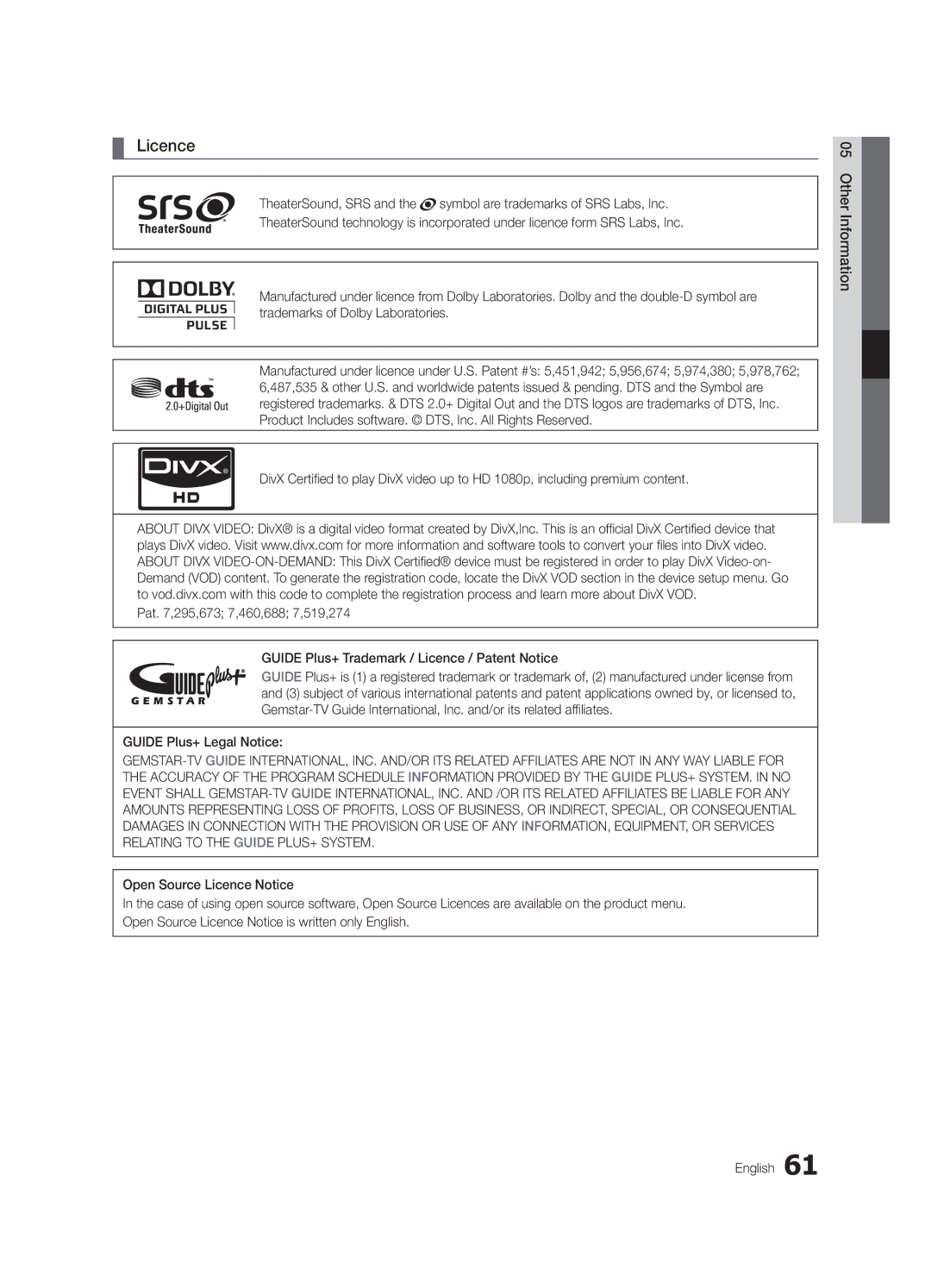 Samsung UE40C8000XKXXU, UE55C8000XKXXU, UE46C8000XKXXU manual Licence, Guide Plus+ Legal Notice 