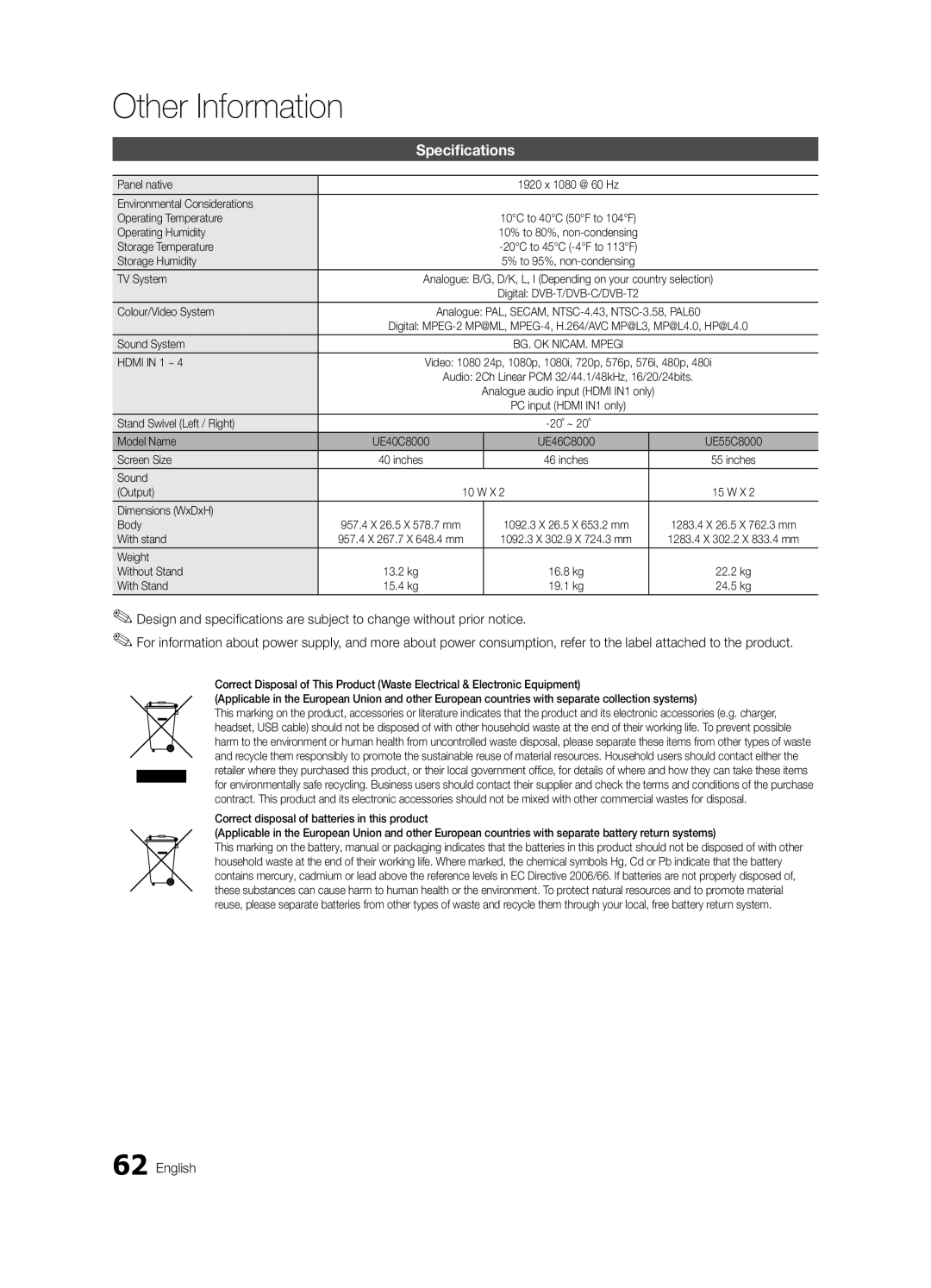 Samsung UE46C8000XKXXU, UE55C8000XKXXU, UE40C8000XKXXU manual Specifications 