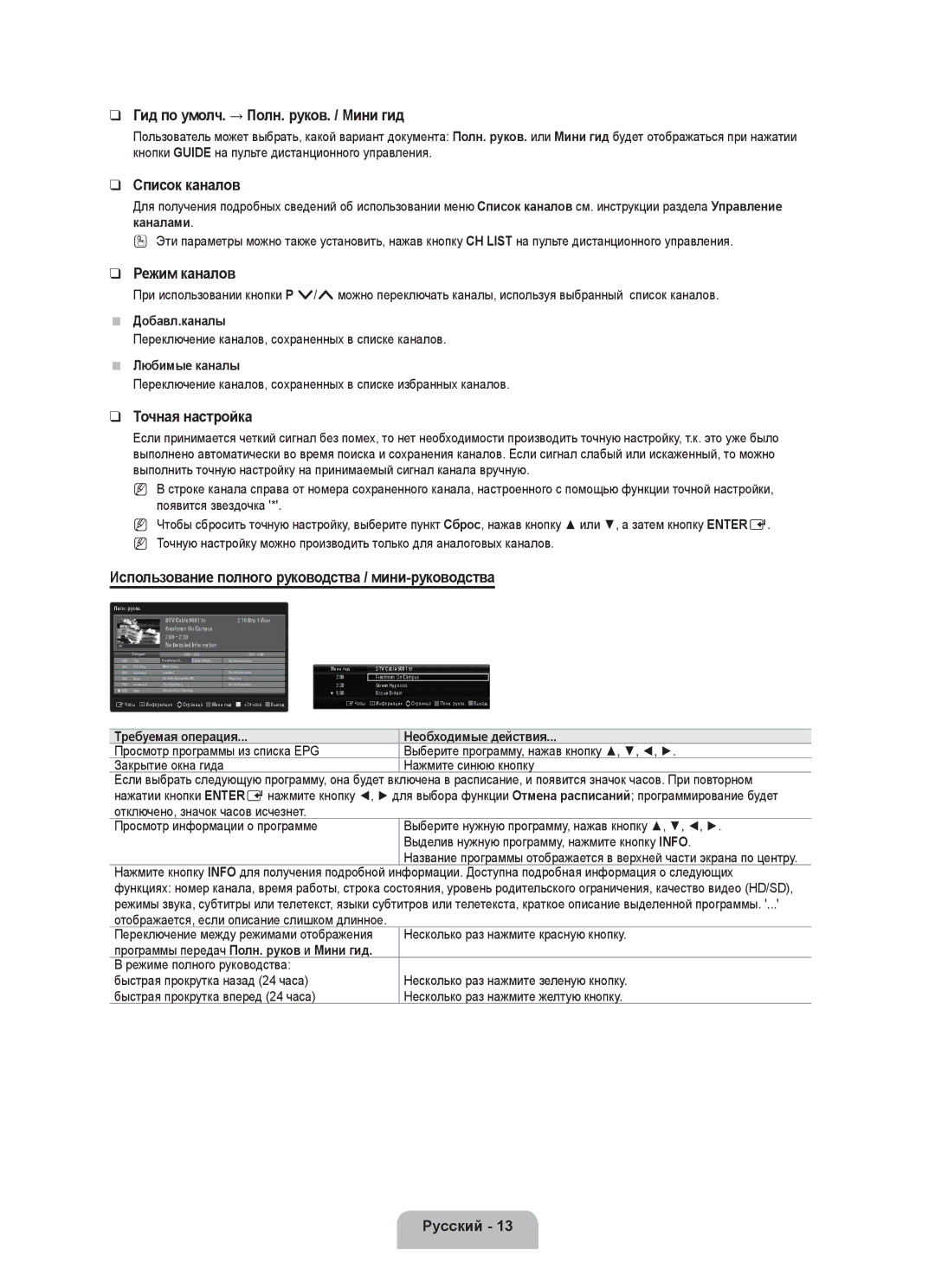 Samsung UE55C8000XWXRU manual Гид по умолч. → Полн. руков. / Мини гид, Список каналов, Режим каналов, Точная настройка 