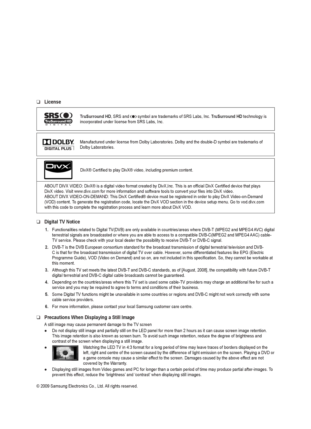 Samsung UE55C8000XWXBT, UE55C8000XWXRU manual License, Digital TV Notice, Precautions When Displaying a Still Image 