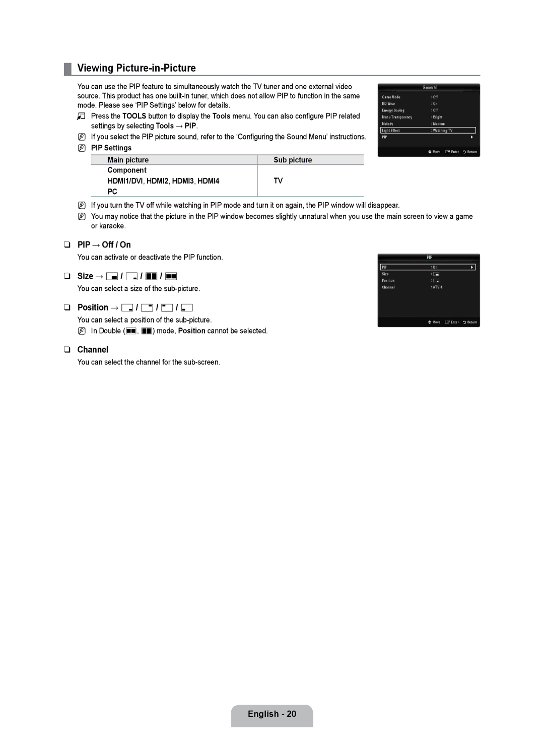 Samsung UE55C8000XWXBT Viewing Picture-in-Picture, PIP → Off / On, Size → Õ / Ã / À / Œ, Position → Ã / / / œ, Channel 