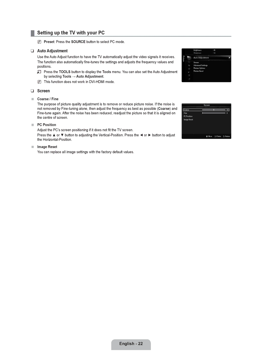 Samsung UE55C8000XWXBT, UE55C8000XWXRU manual Setting up the TV with your PC, Auto Adjustment, Screen 