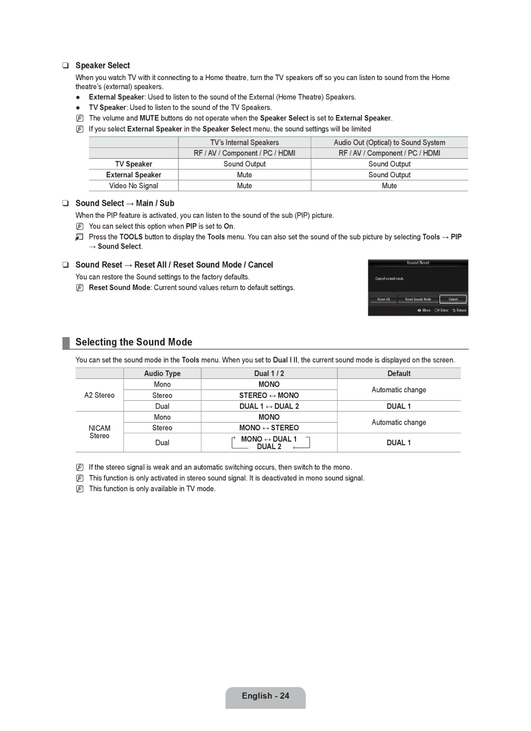 Samsung UE55C8000XWXBT, UE55C8000XWXRU Selecting the Sound Mode, Speaker Select, Sound Select → Main / Sub, Mono ↔ Dual 