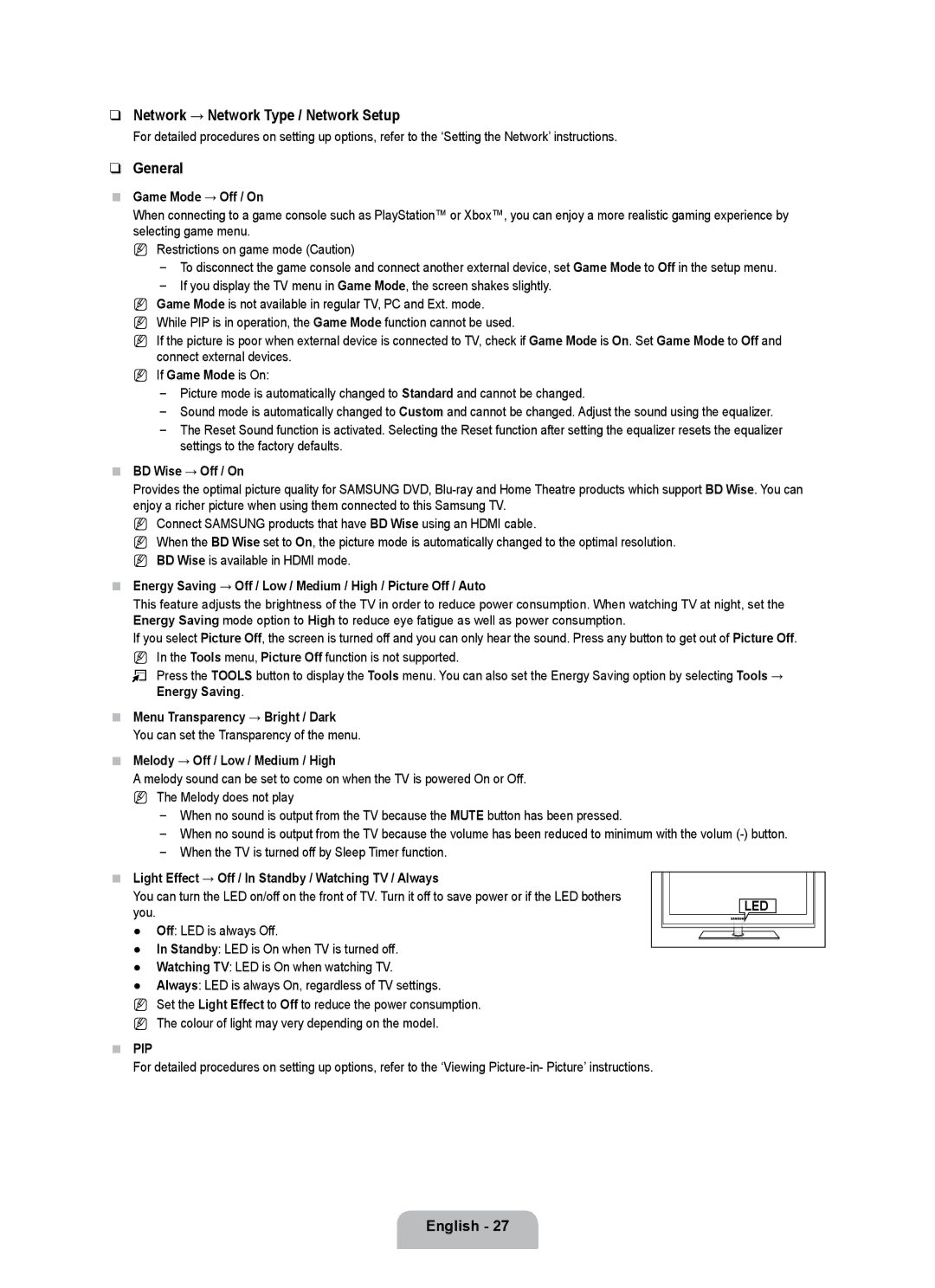 Samsung UE55C8000XWXRU, UE55C8000XWXBT manual Network → Network Type / Network Setup, General, Pip 