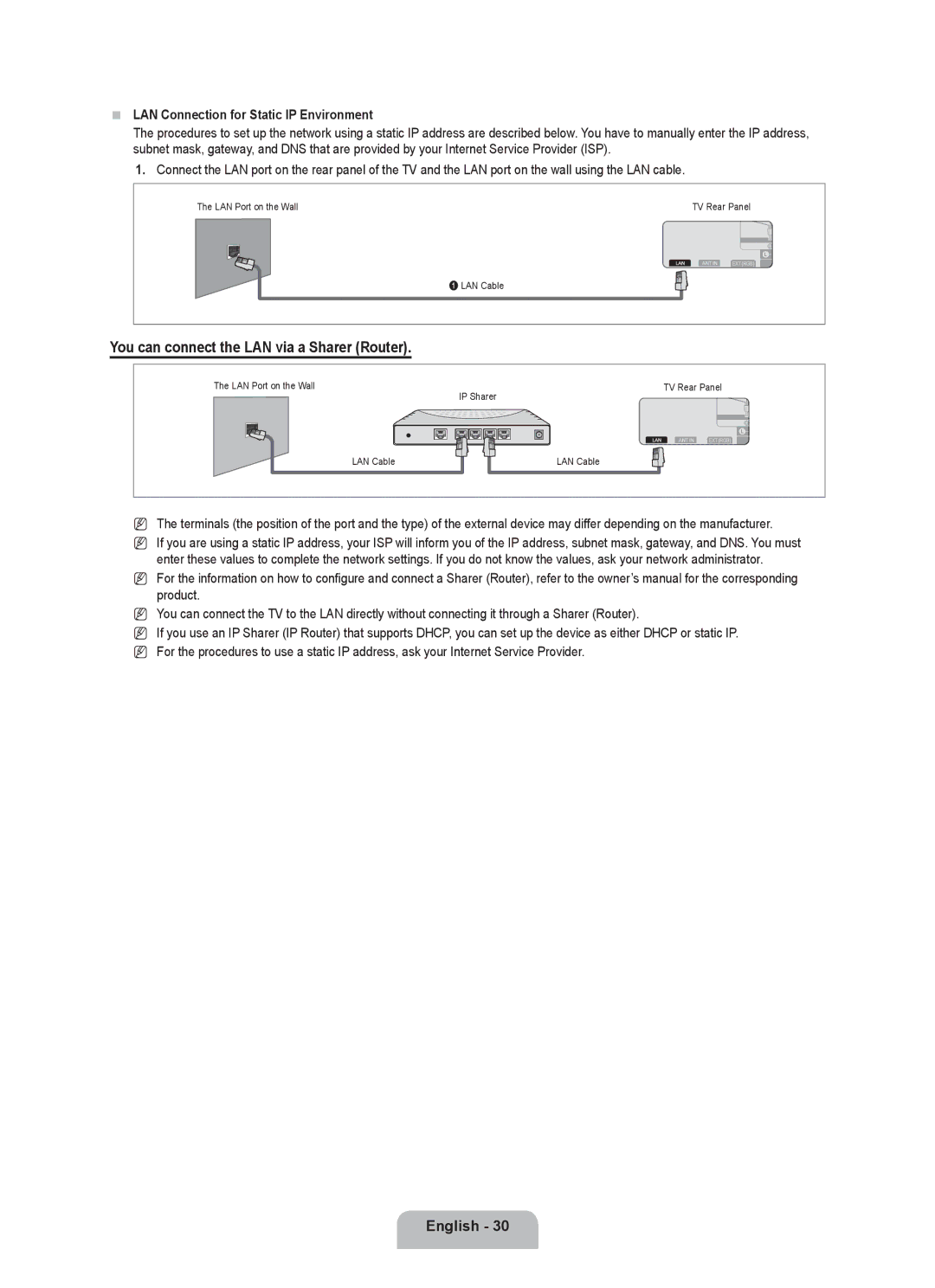 Samsung UE55C8000XWXBT, UE55C8000XWXRU manual LAN Connection for Static IP Environment 