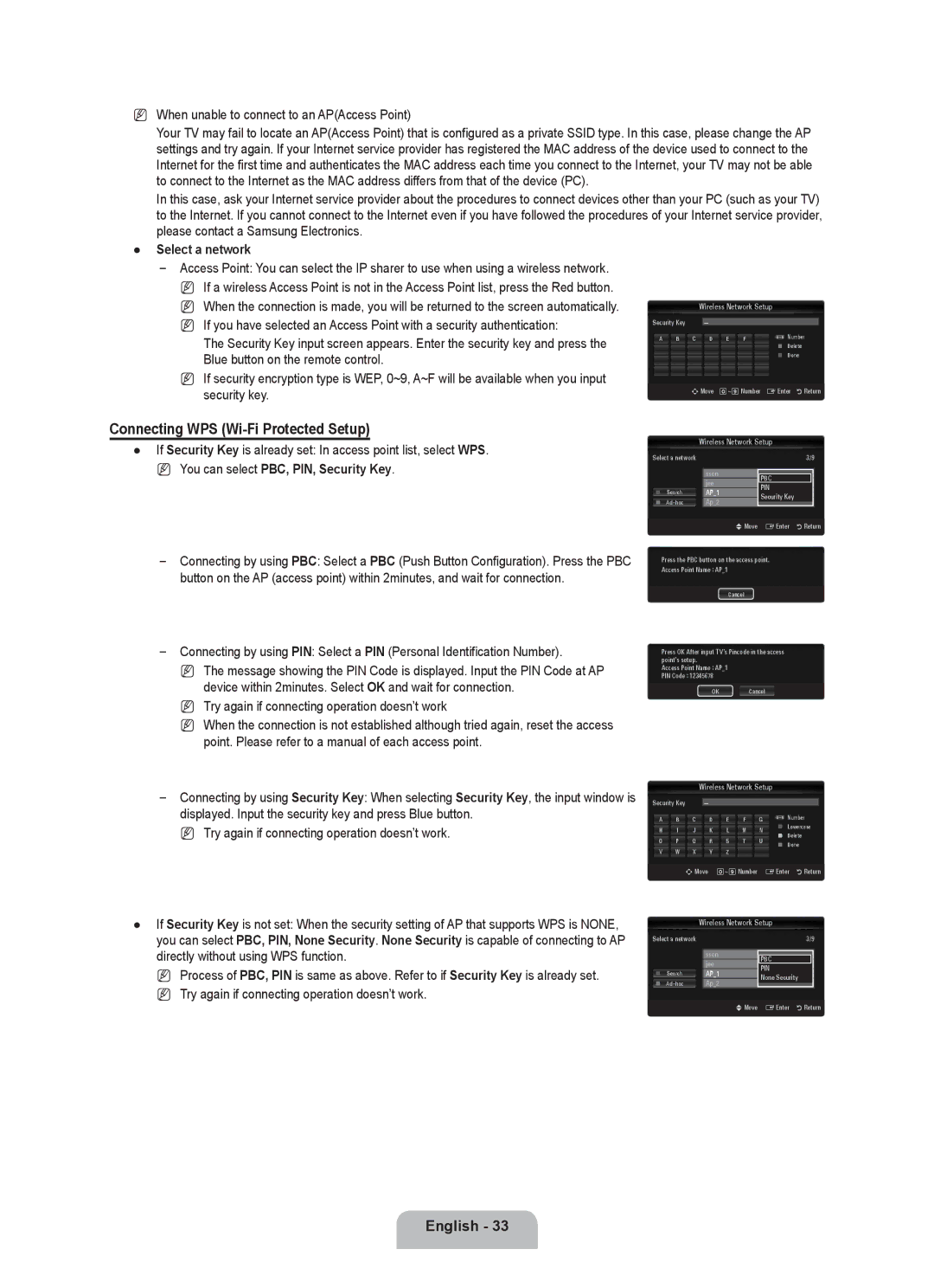 Samsung UE55C8000XWXRU Connecting WPS Wi-Fi Protected Setup, When unable to connect to an APAccess Point, Select a network 