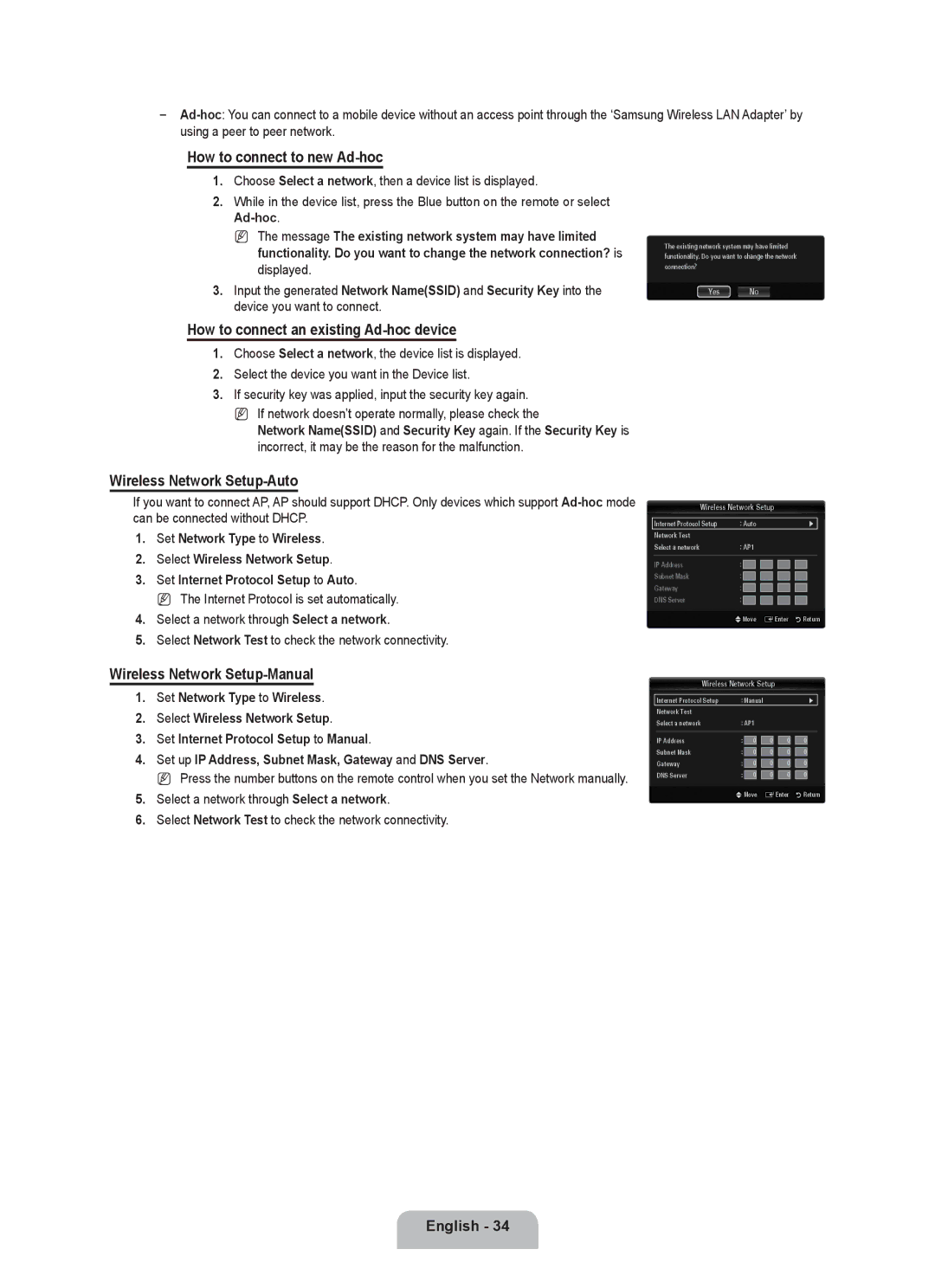 Samsung UE55C8000XWXBT How to connect to new Ad-hoc, How to connect an existing Ad-hoc device, Wireless Network Setup-Auto 