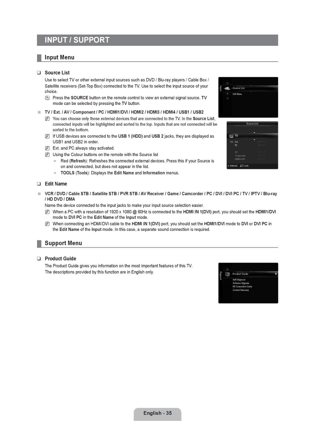 Samsung UE55C8000XWXRU, UE55C8000XWXBT manual Input Menu, Support Menu, Source List, Edit Name, Product Guide 