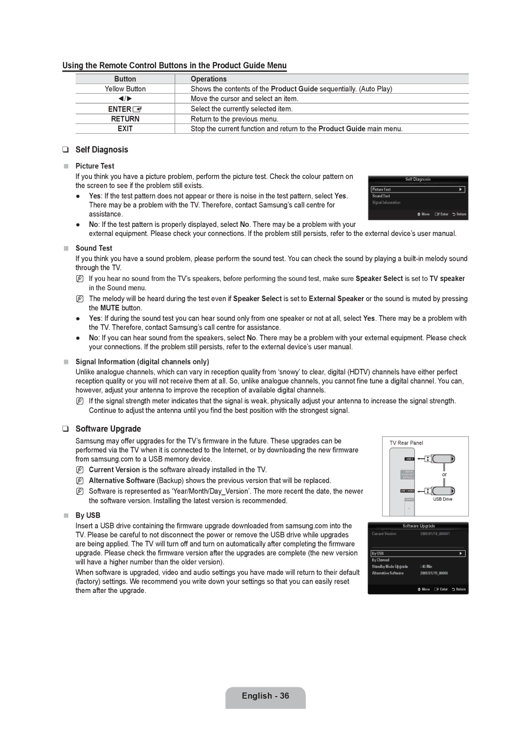 Samsung UE55C8000XWXBT manual Using the Remote Control Buttons in the Product Guide Menu, Self Diagnosis, Software Upgrade 