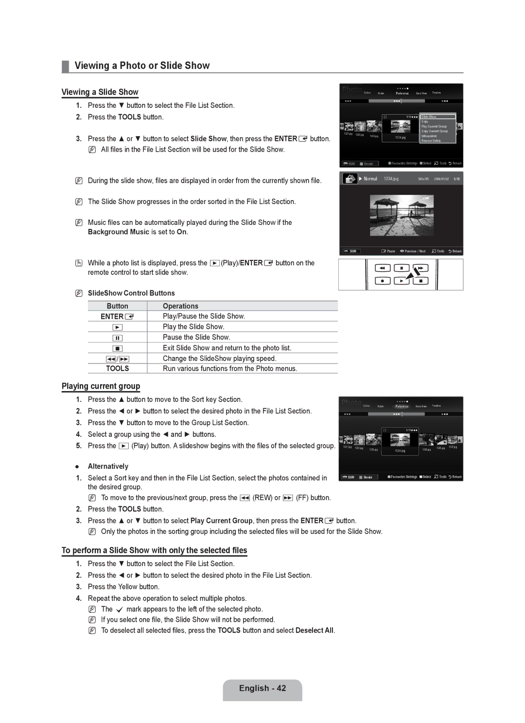 Samsung UE55C8000XWXBT, UE55C8000XWXRU Viewing a Photo or Slide Show, Viewing a Slide Show, Playing current group, Tools 