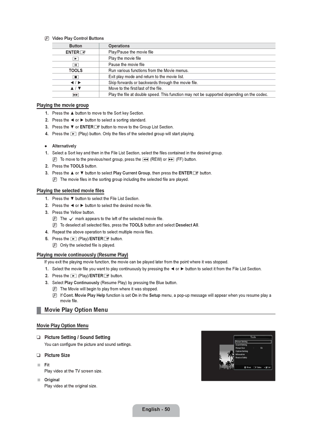 Samsung UE55C8000XWXBT, UE55C8000XWXRU manual Movie Play Option Menu 