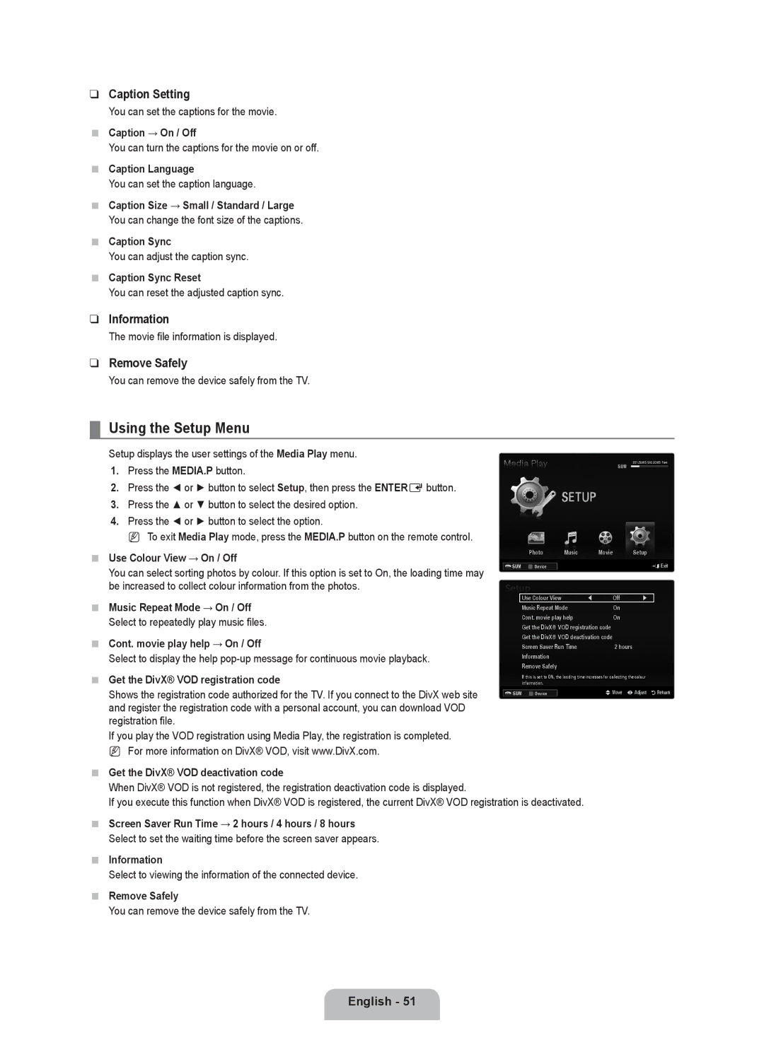 Samsung UE55C8000XWXRU, UE55C8000XWXBT manual Using the Setup Menu, Caption Setting 