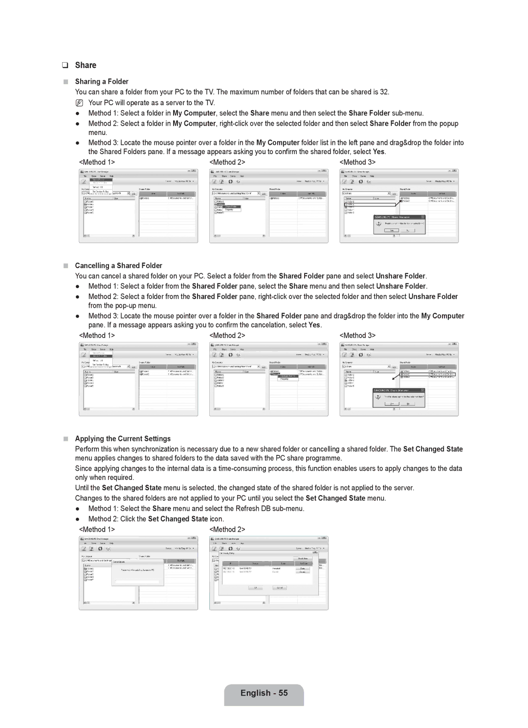 Samsung UE55C8000XWXRU manual Sharing a Folder, Method, Cancelling a Shared Folder, Applying the Current Settings 