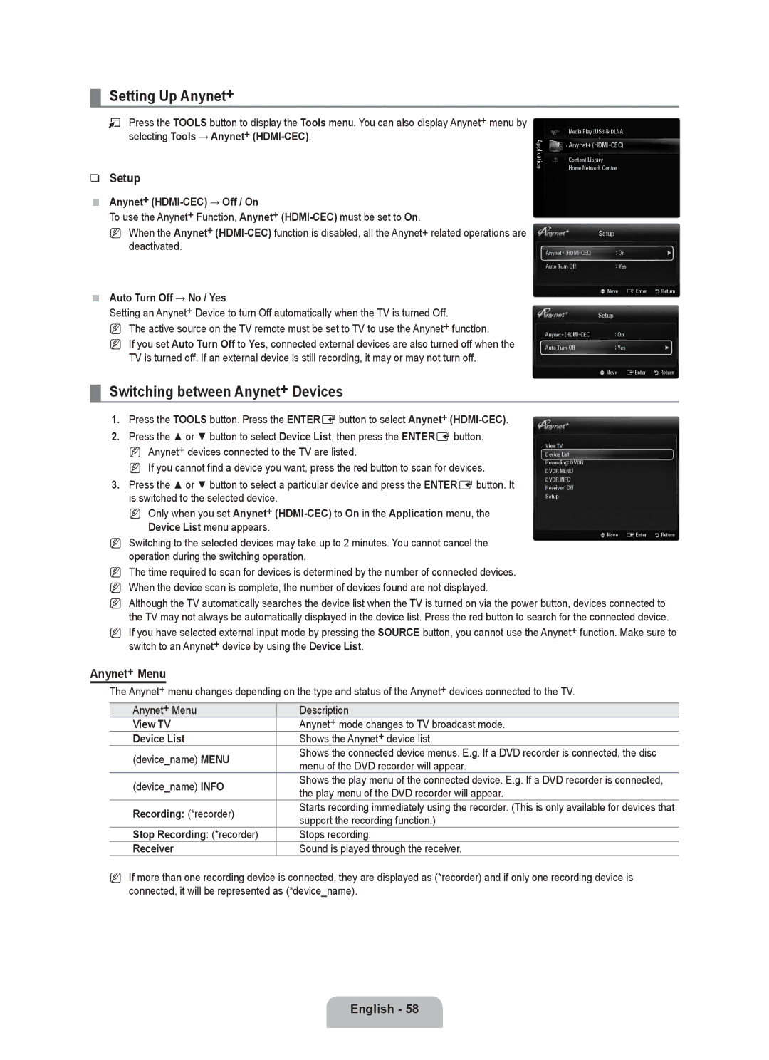 Samsung UE55C8000XWXBT, UE55C8000XWXRU manual Setting Up Anynet+, Switching between Anynet+ Devices, Setup, Anynet+ Menu 