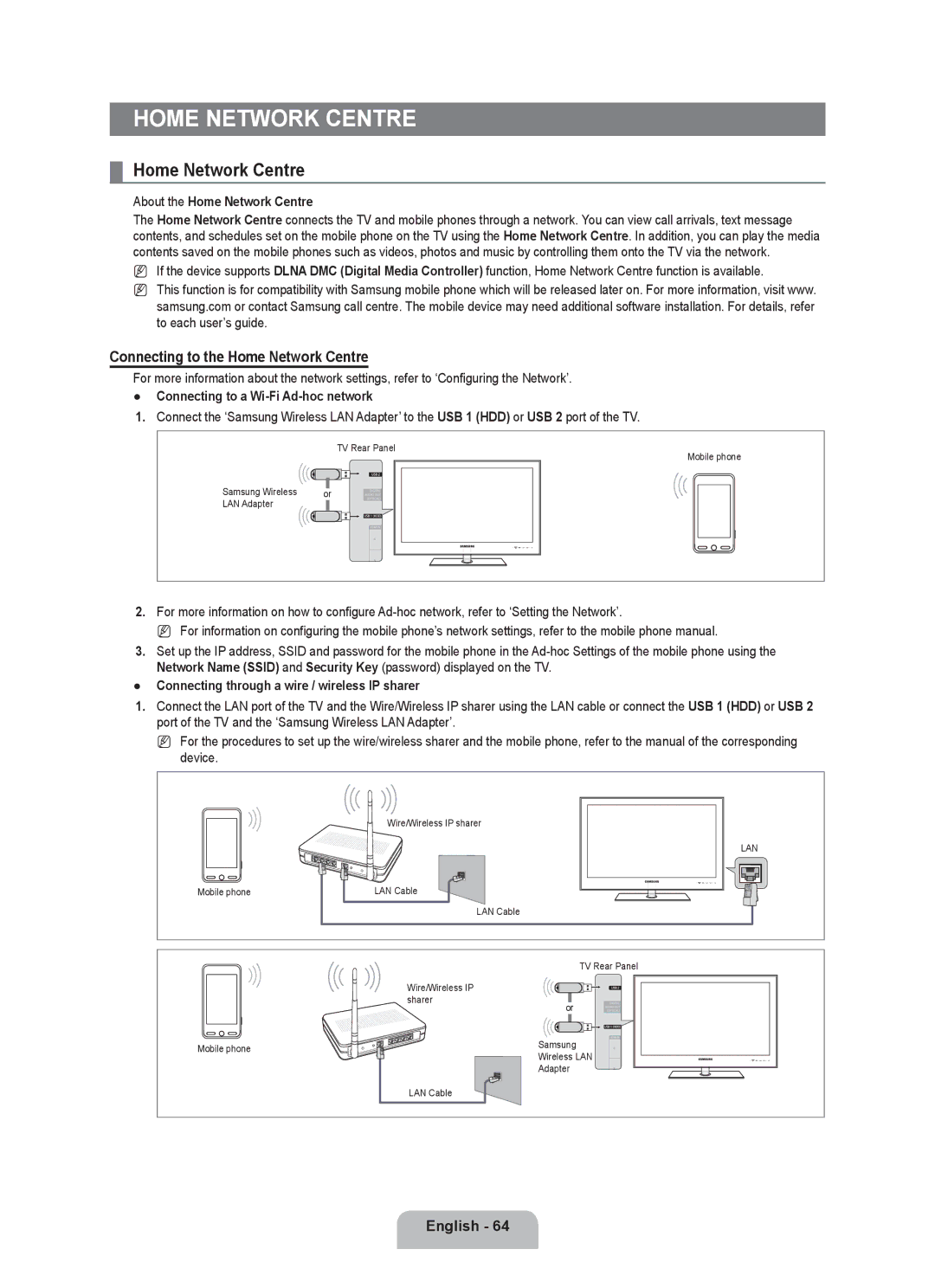 Samsung UE55C8000XWXBT, UE55C8000XWXRU manual Connecting to the Home Network Centre, About the Home Network Centre 