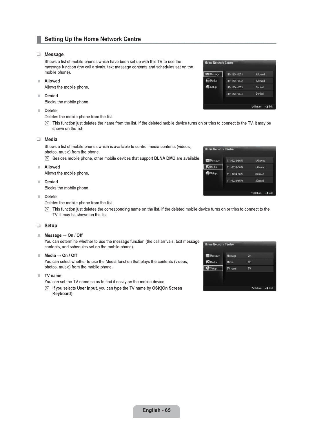 Samsung UE55C8000XWXRU, UE55C8000XWXBT manual Setting Up the Home Network Centre, Message, Media 