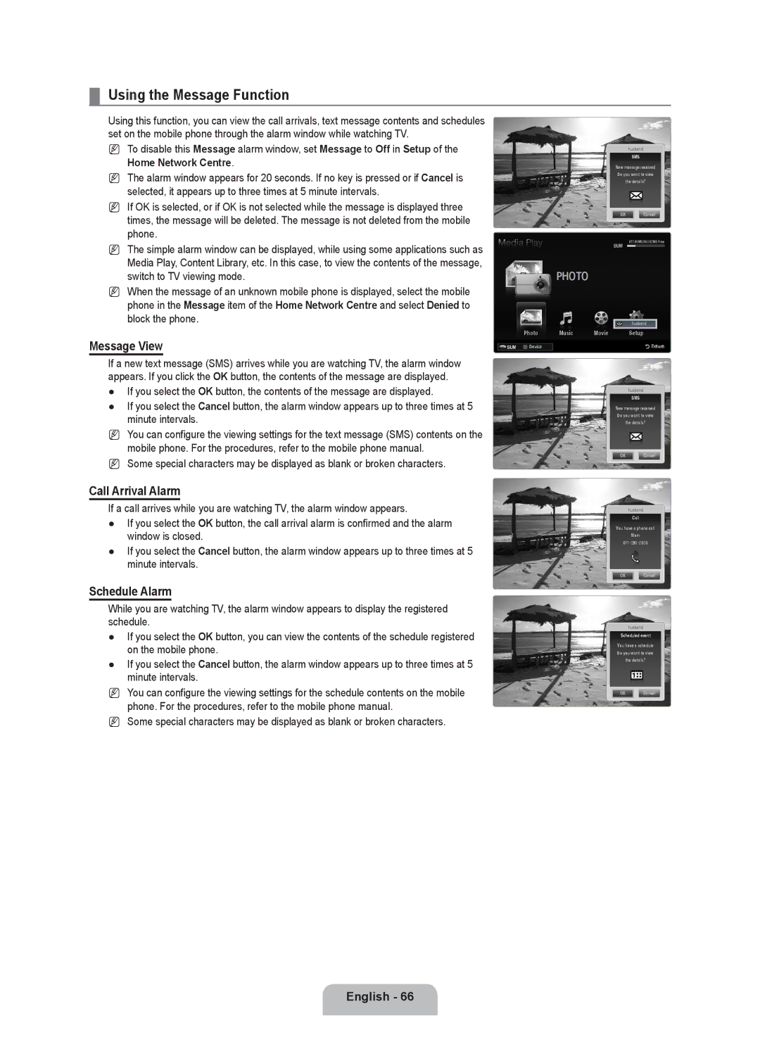 Samsung UE55C8000XWXBT, UE55C8000XWXRU manual Using the Message Function, Message View, Call Arrival Alarm, Schedule Alarm 