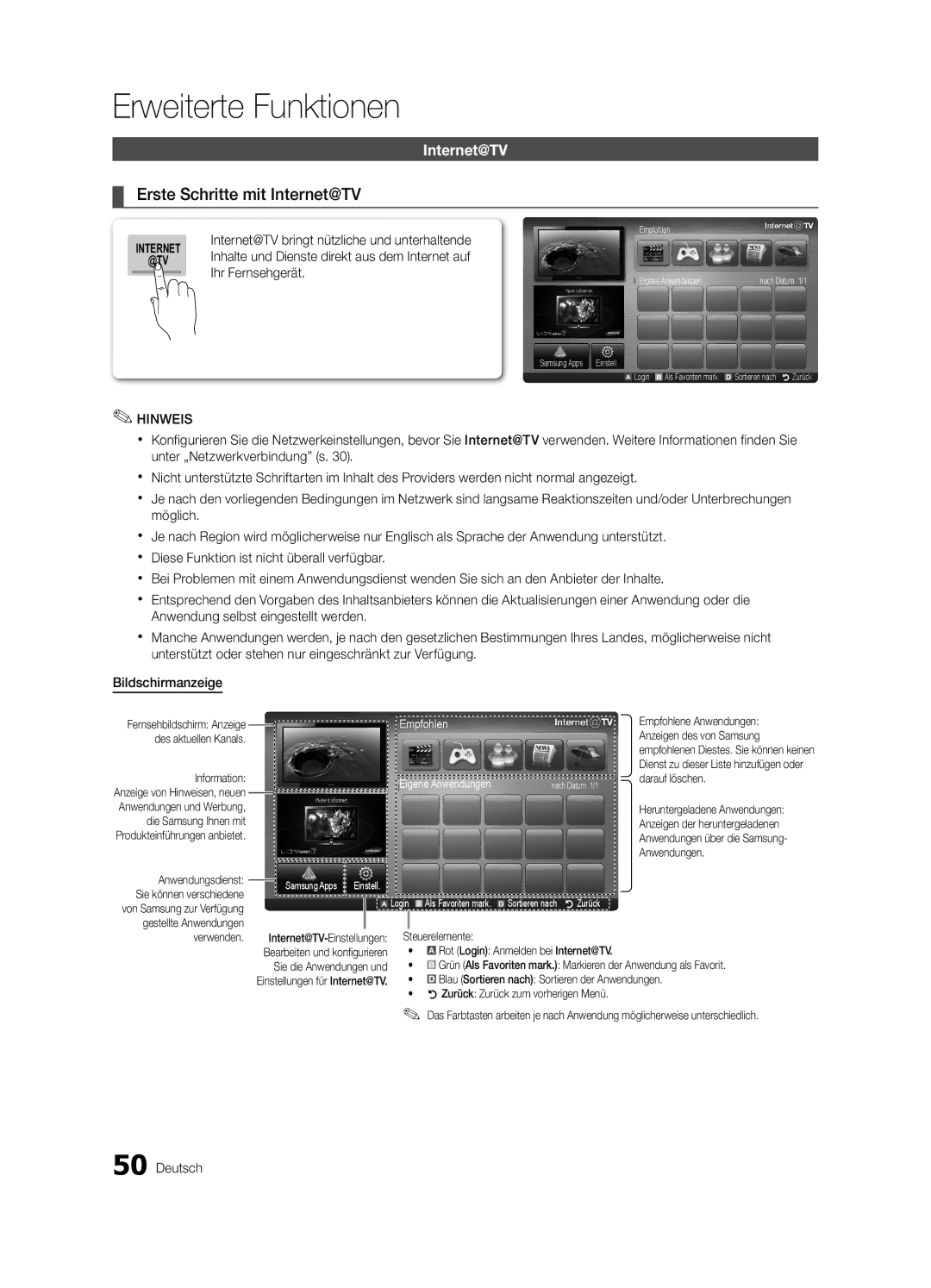 Samsung UE40C8790XSXZF, UE55C8700XSXXN, UE40C8790XSXZG, UE55C8790XSXZG manual Erste Schritte mit Internet@TV, Ihr Fernsehgerät 