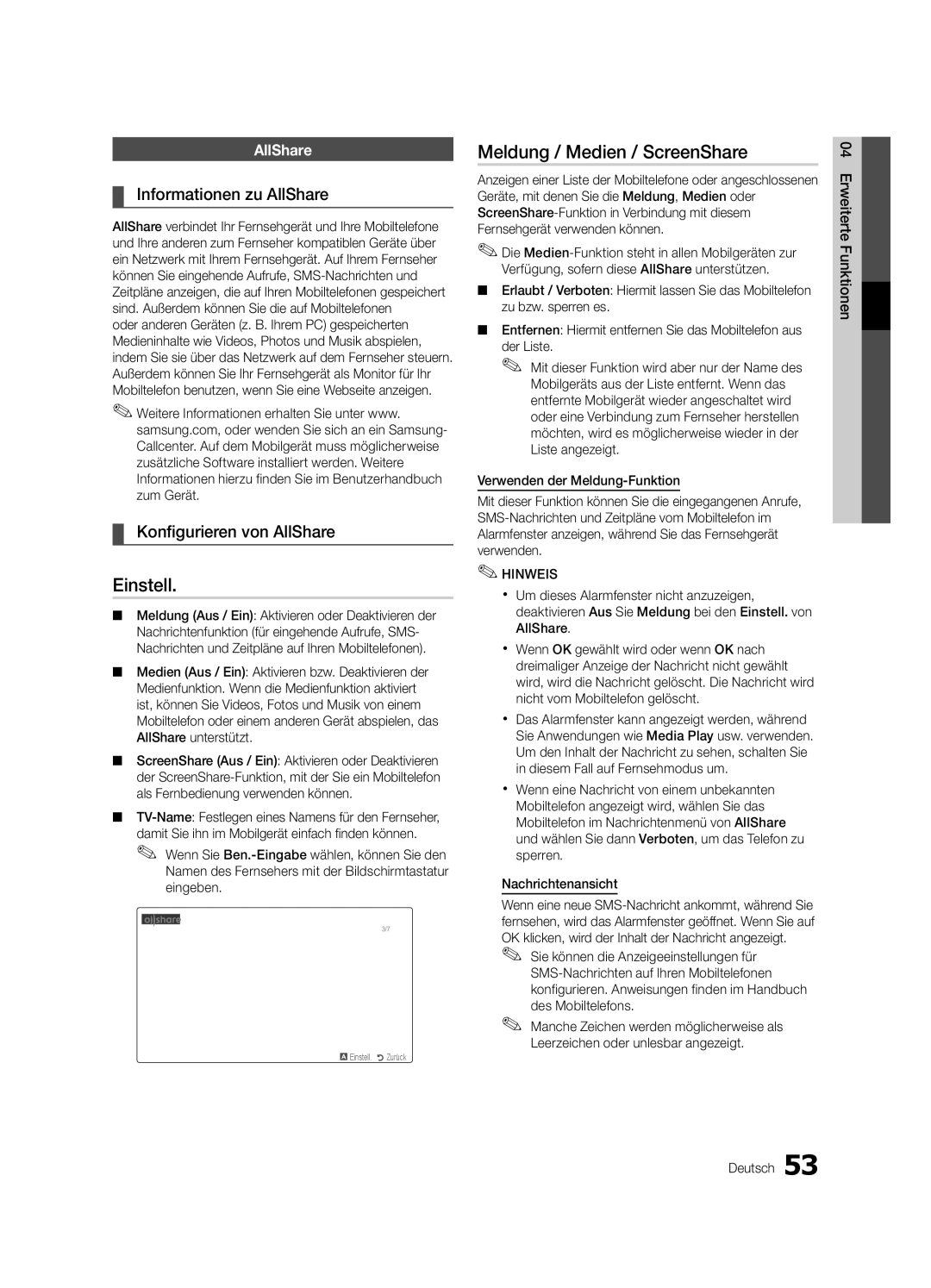 Samsung UE55C8700XSXZF manual Meldung / Medien / ScreenShare, Informationen zu AllShare, Konfigurieren von AllShare 