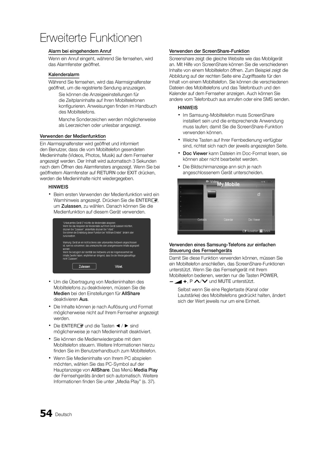 Samsung UE55C8000XWXXH, UE55C8700XSXXN, UE40C8790XSXZG Verwenden der Medienfunktion, Verwenden der ScreenShare-Funktion 