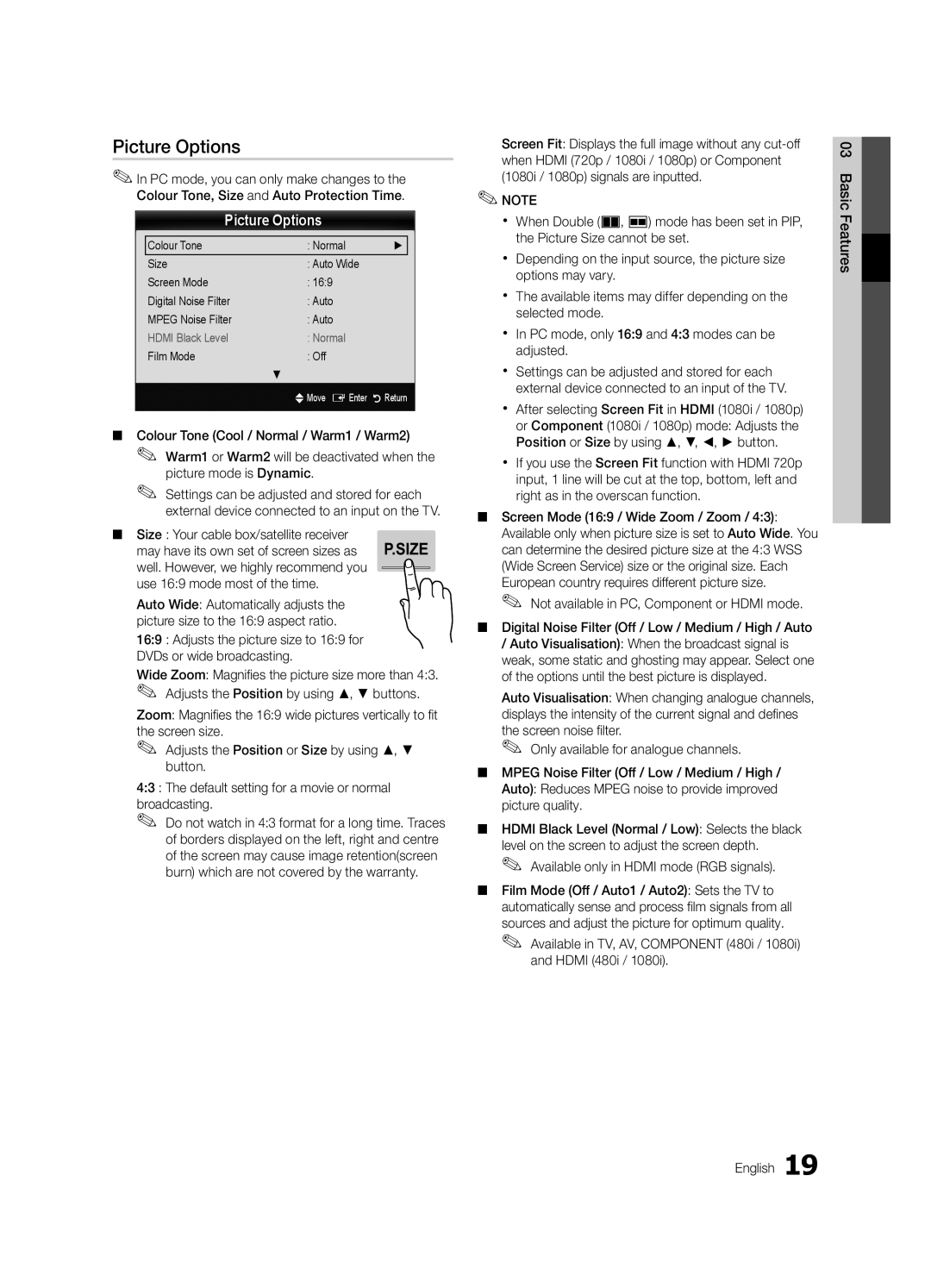 Samsung UE55C8000XWXXH manual Picture Options, Size Your cable box/satellite receiver, Use 169 mode most of the time 