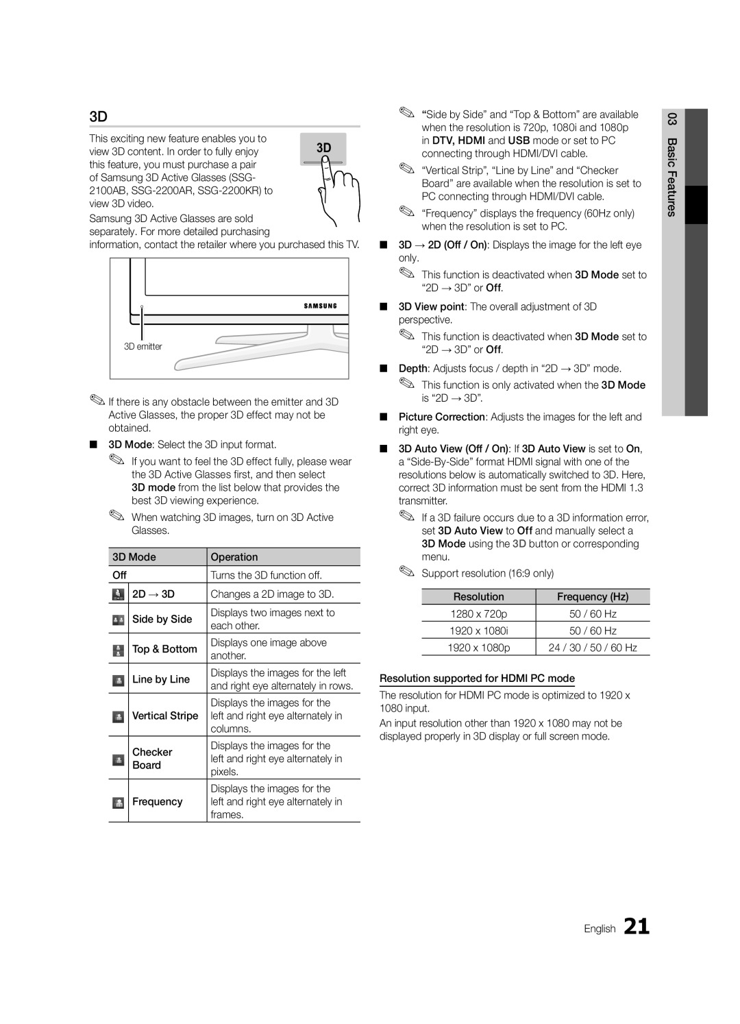 Samsung UE55C8700XSXZG manual Displays the images for, 60 Hz, 03FeaturesBasic English, Right eye alternately in rows 