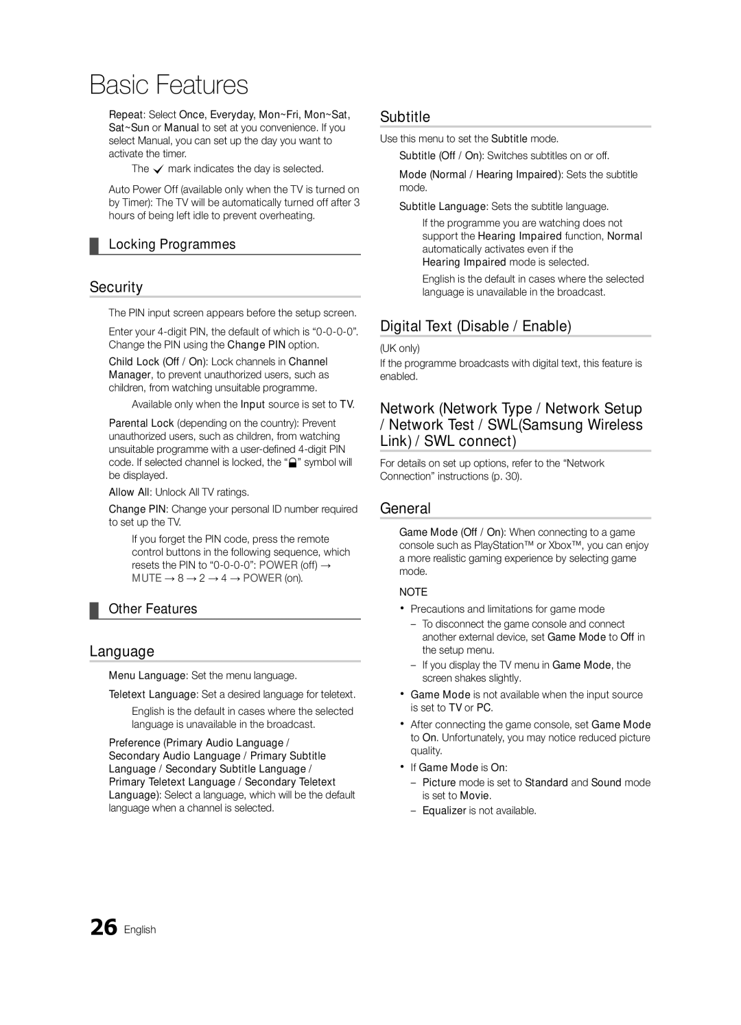 Samsung UE40C8790XSXZF, UE55C8700XSXXN, UE40C8790XSXZG Security, Language, Subtitle, Digital Text Disable / Enable, General 