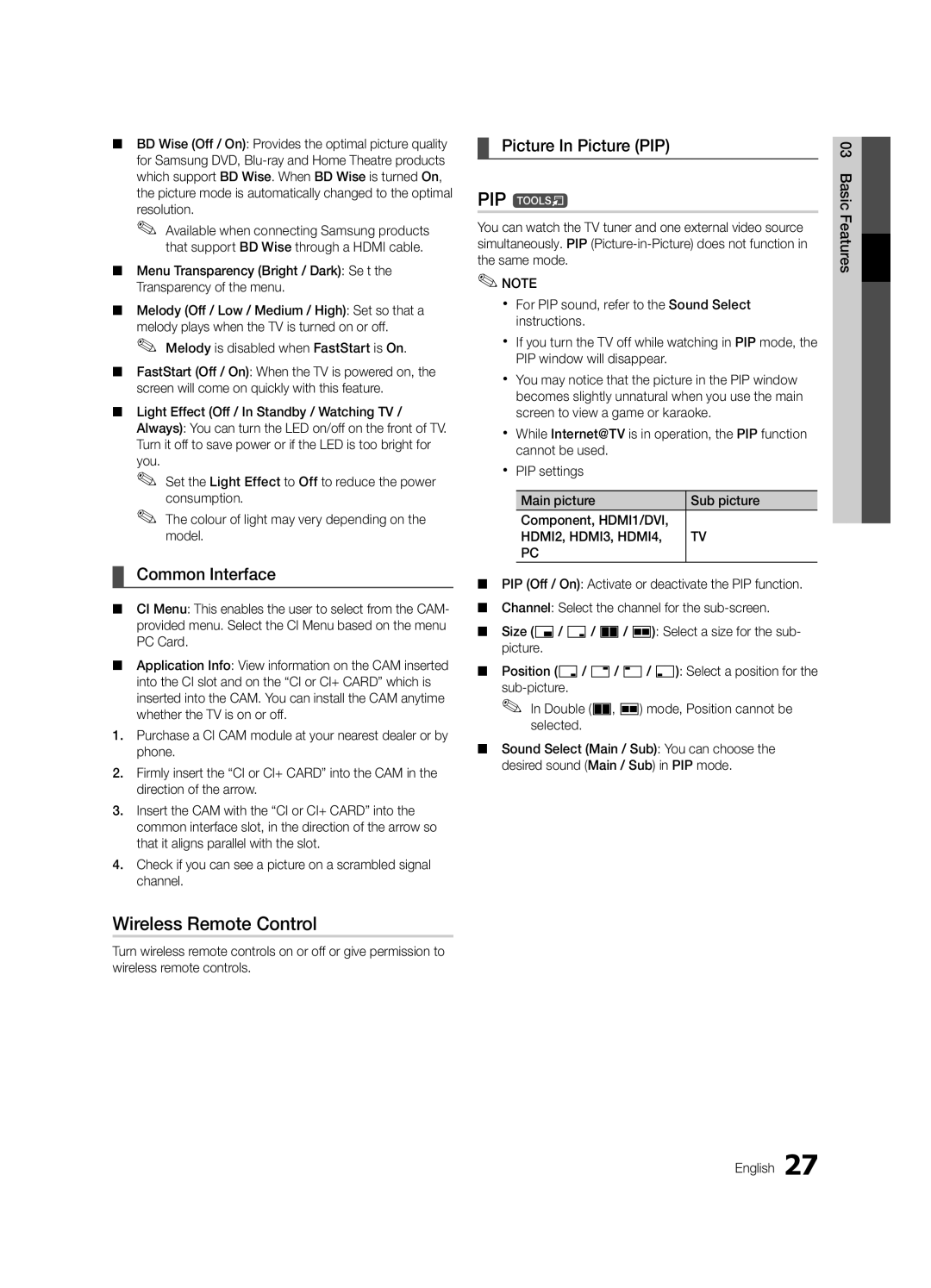 Samsung UE55C8790XSXZF, UE55C8700XSXXN manual Wireless Remote Control, PIP t, Common Interface, Picture In Picture PIP 