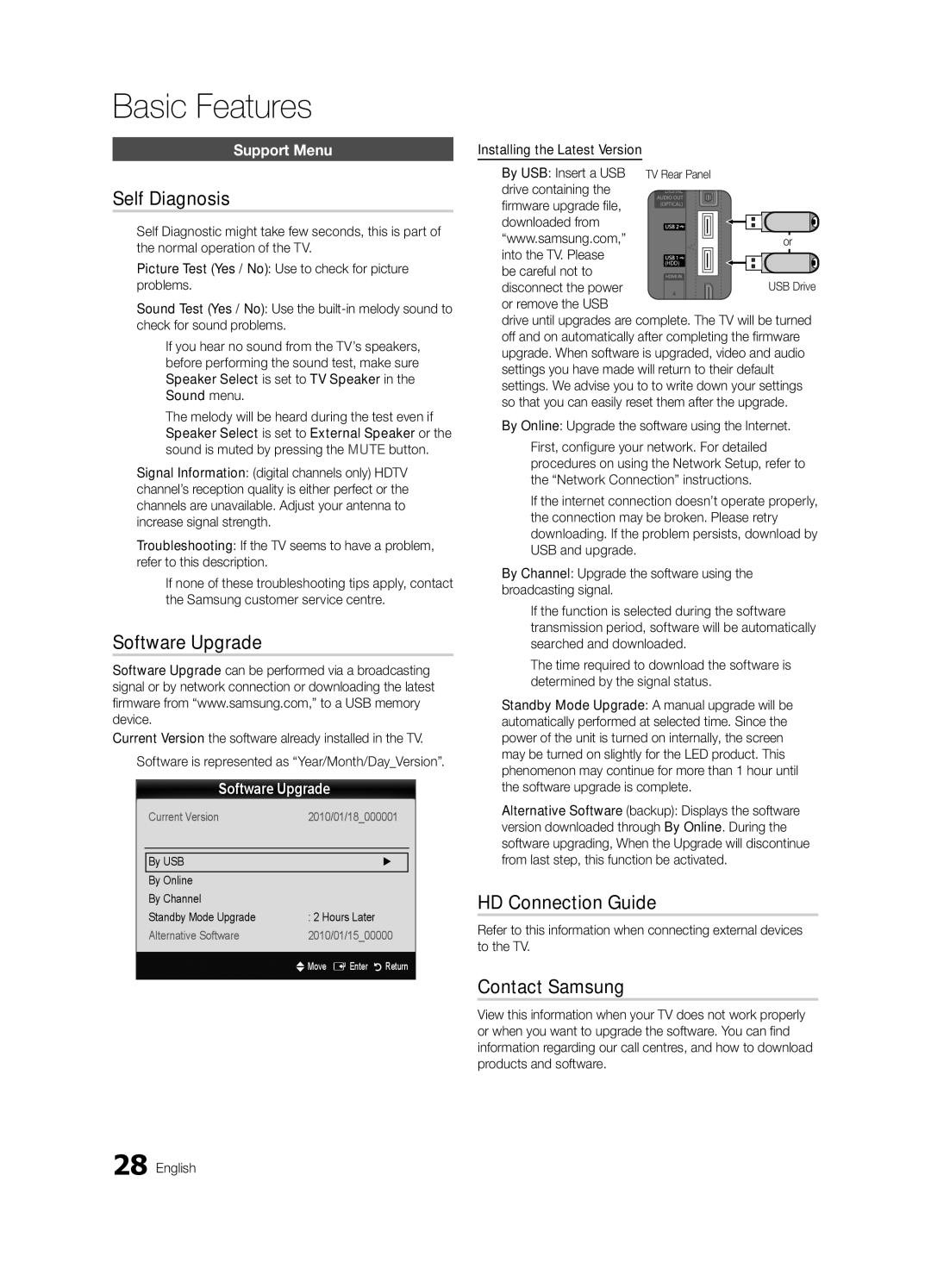 Samsung UE46C8790XSXZF, UE55C8700XSXXN manual Self Diagnosis, Software Upgrade, HD Connection Guide, Contact Samsung 