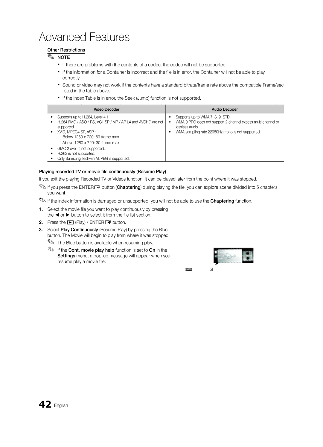 Samsung UE55C8000XWXXC, UE55C8700XSXXN manual Supported Lossless audio, WMA sampling rate 22050Hz mono is not supported 