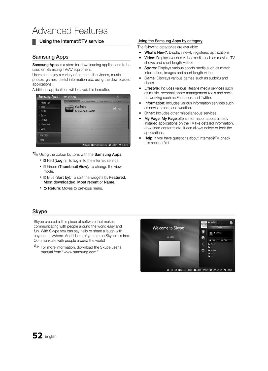 Samsung UE55C8000XWXXH manual Samsung Apps, Skype, Using the Internet@TV service, Xx RReturn Moves to previous menu 