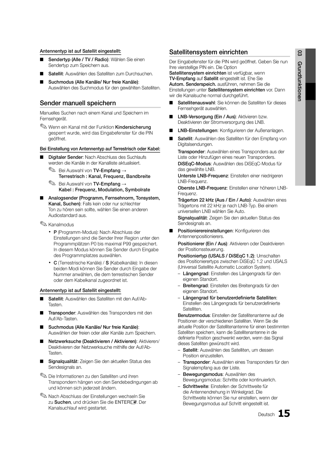 Samsung UE55C8790XSXZG, UE55C8700XSXXN manual Sender manuell speichern, Satellitensystem einrichten, Deutsch Grundfunktionen 