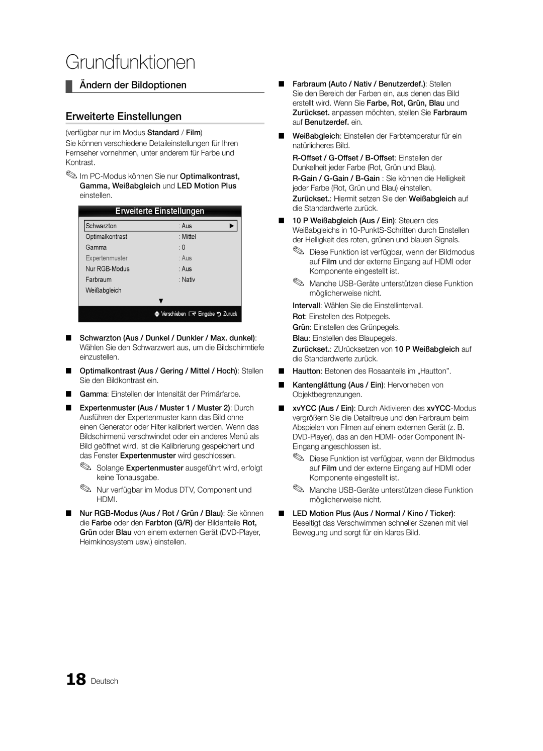 Samsung UE55C8790XSXZF Erweiterte Einstellungen, Ändern der Bildoptionen, Schwarzton Aus Optimalkontrast Mittel Gamma 