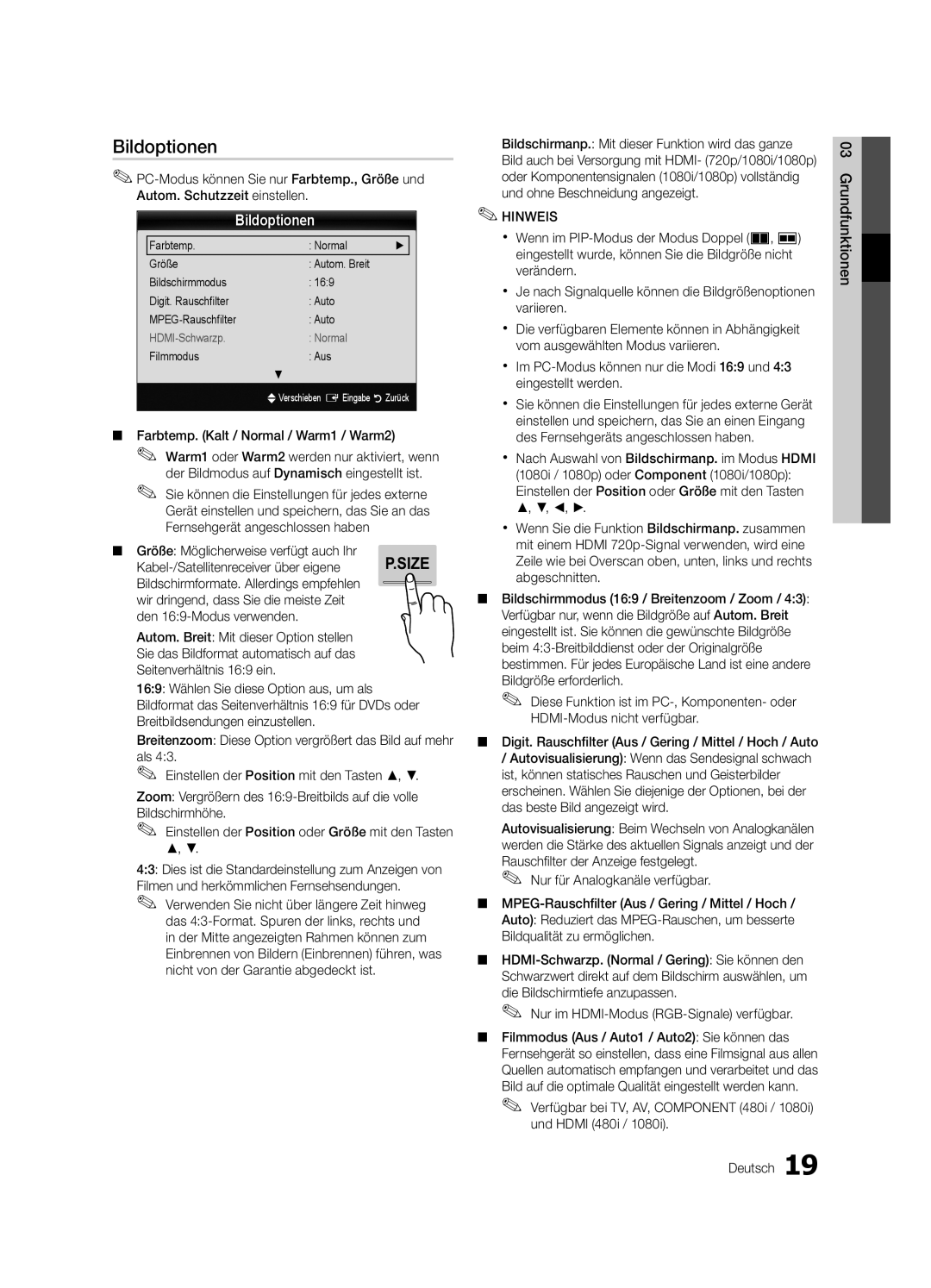 Samsung UE46C8790XSXZF manual Bildoptionen, Farbtemp. Kalt / Normal / Warm1 / Warm2, Größe Möglicherweise verfügt auch Ihr 